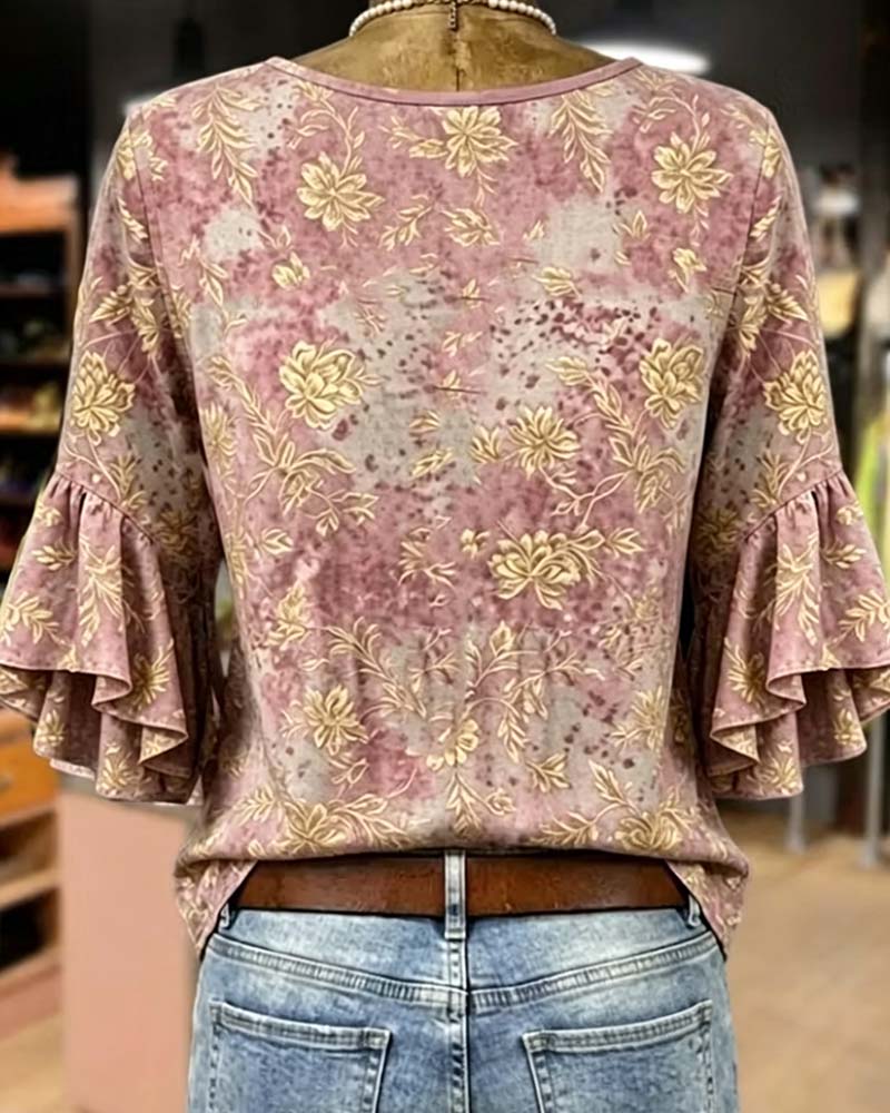 Bluse Retro Trykk Løs Rysj