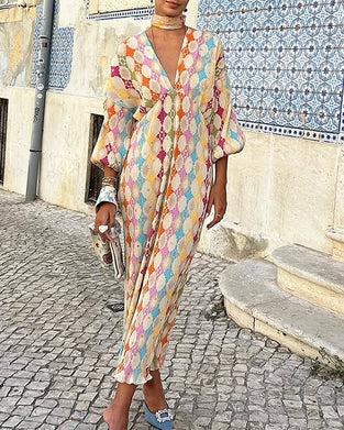 V-hals lanterne ermer geometrisk print elegant kjole