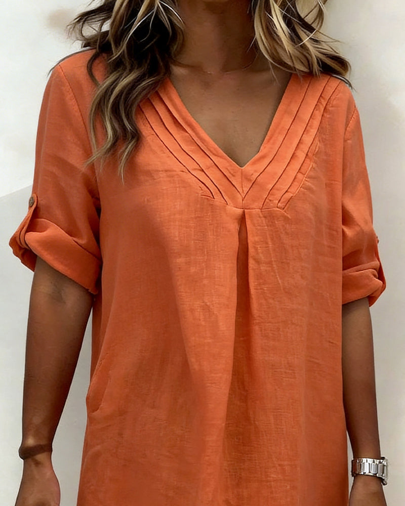 Kjole Med V-Hals Og Plissert Bomull-Lin