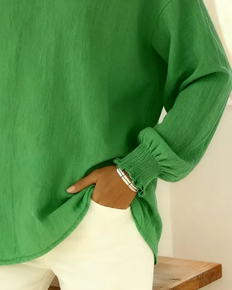 Bluse Bomull Lykt Erm Krage Ensfarget