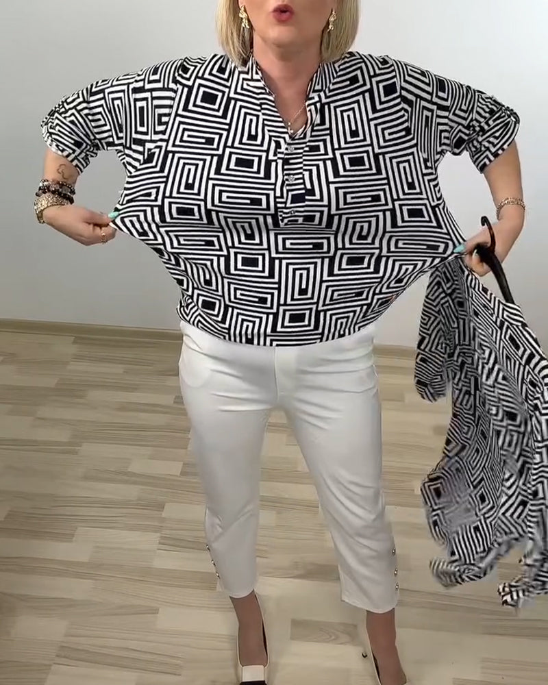 Skjorte Geometrisk Halv-Åpen Krage Tredje-Kvart Erme