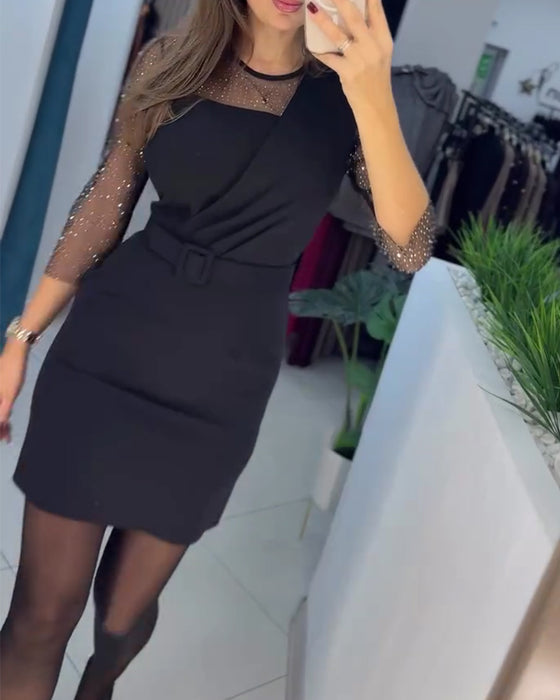Kjole Mesh Hette Rhinestone Slim Fit Hoftehugget