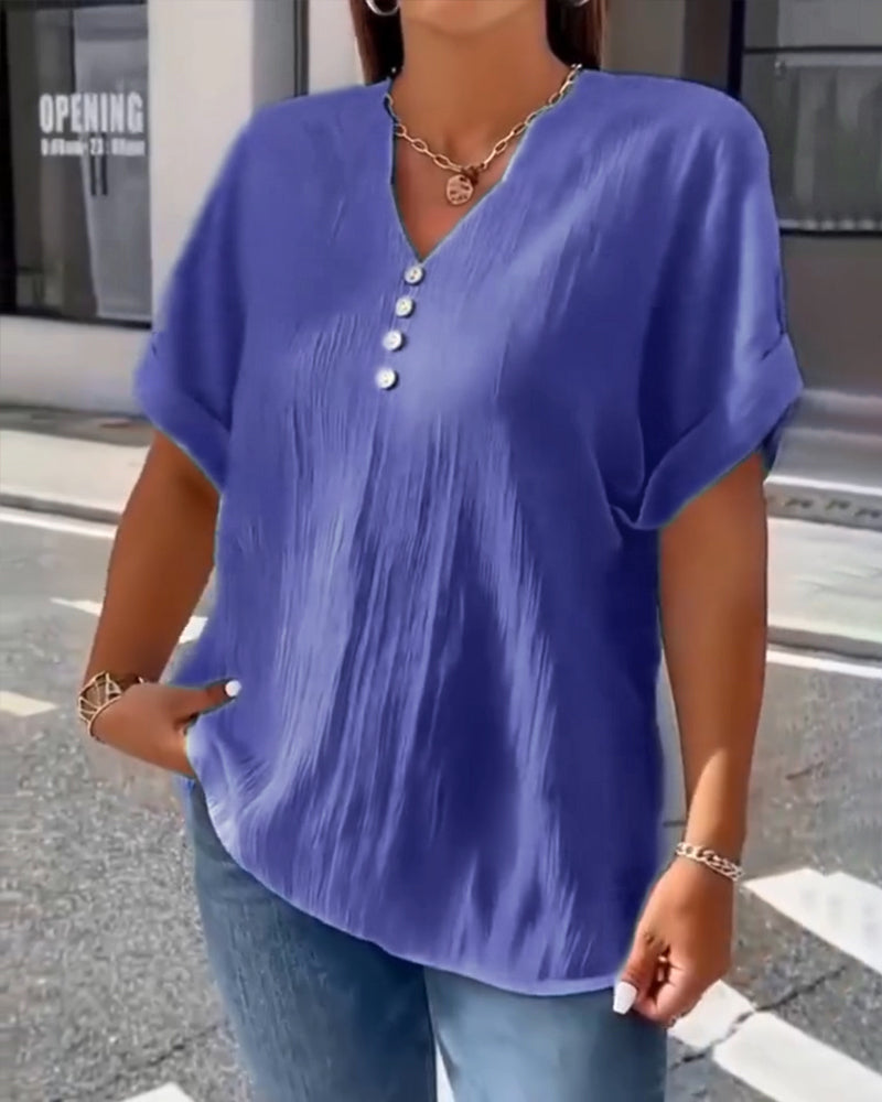 100% Bomull T-Skjorte V-Hals Løs Teksturert