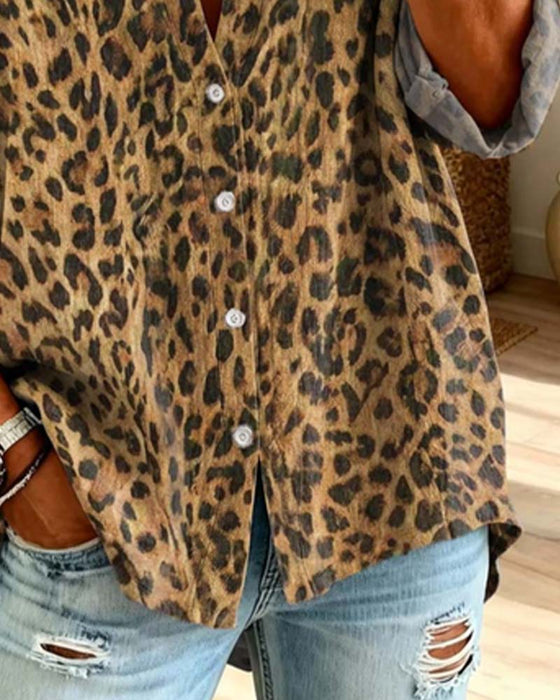 Skjorte V-Hals Knapp Leopard Lang Erme