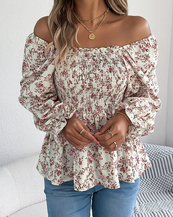 Bluse Firkantet Hals Rynket Blomstret Ruffle
