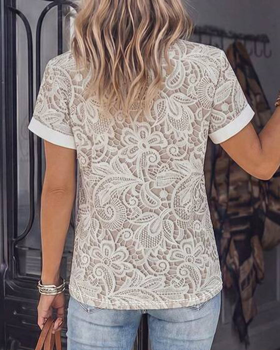 T-Shirt Utskåret Blonder Kort Erme