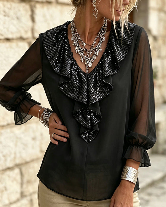 Bluse Stilig V-Hals Blondekant Sheer
