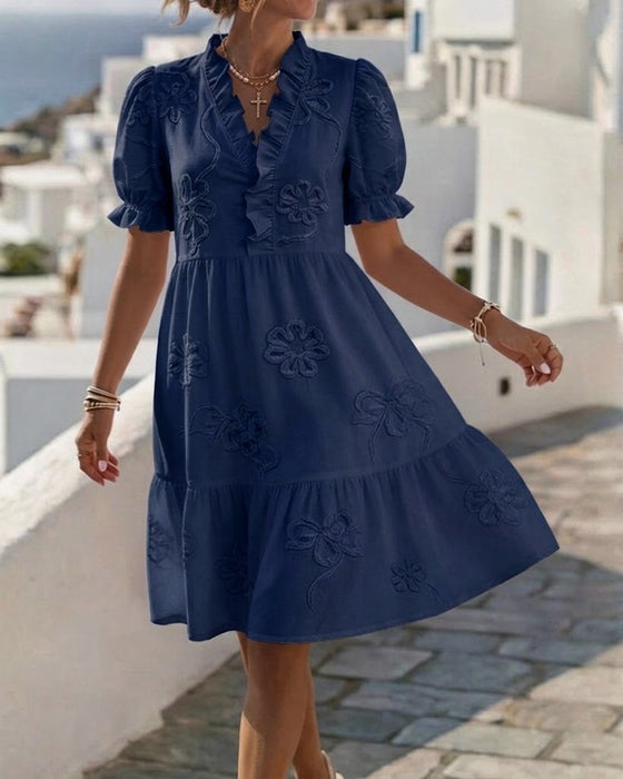 Kjole Puff Kort Erme Blomstret