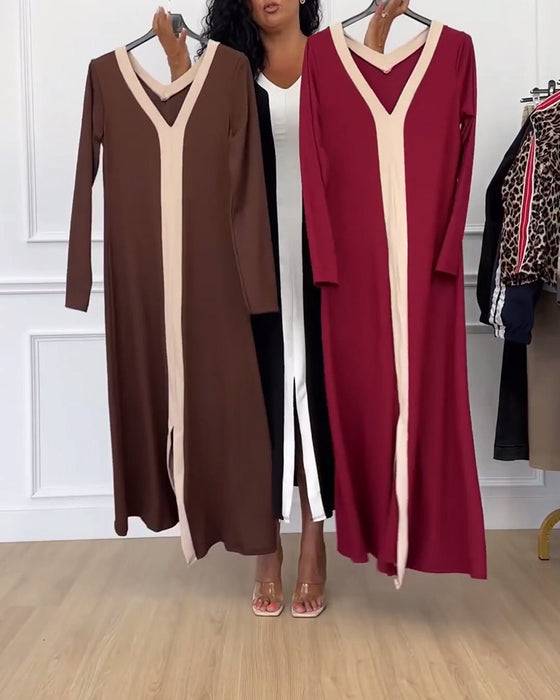 V-hals elegant kjole i kontrastfarge