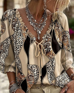 Bluse V-Hals Leopard Puffererme Knyte