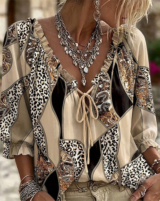 Bluse V-Hals Leopard Puffererme Knyte