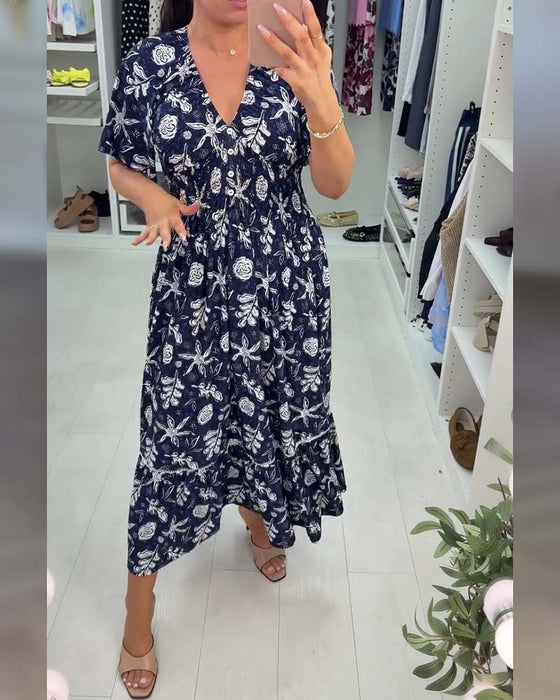 Kjole V-hals Løs Trykt Lang