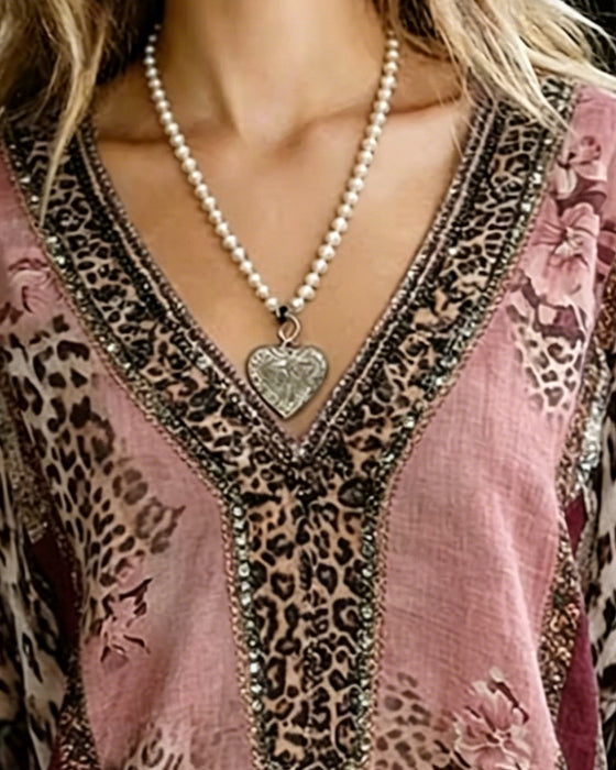 Bluse V-Hals Lykt Erme Leopard