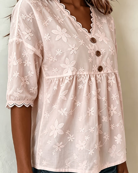 Bluse Tredimensjonal Blomst V-Hals Halv Erme