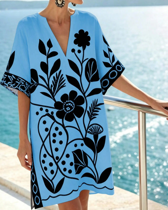 Kjole Floral Print V Hals Slit