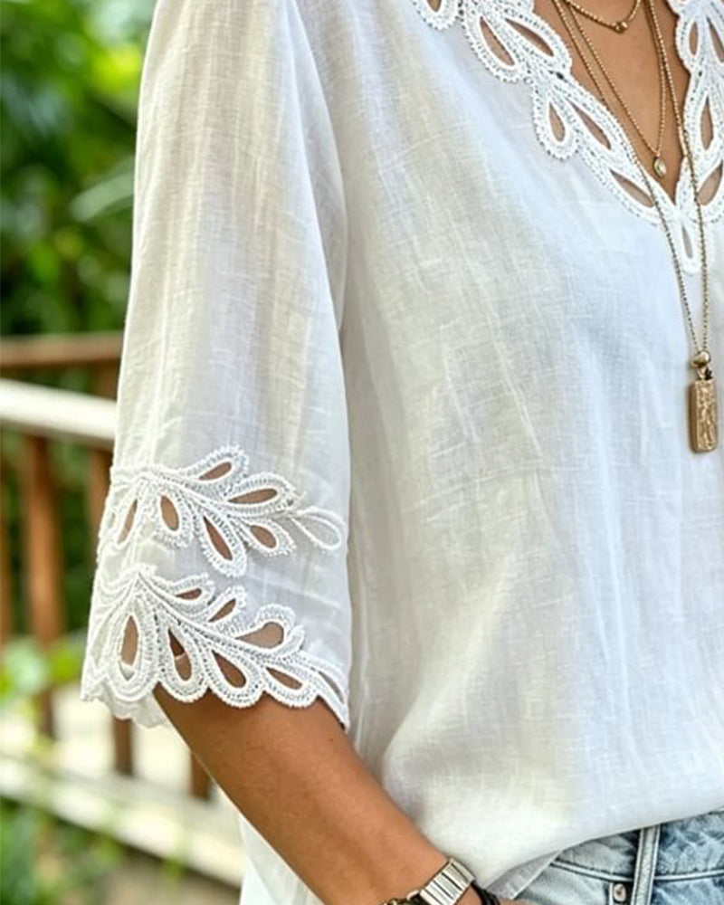 Bluse Hollow Out Blonder V-Hals