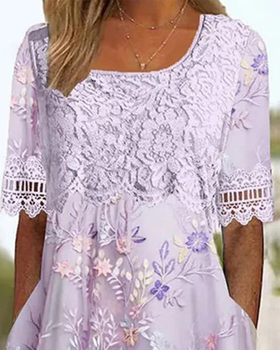 Kjole Blonder Blomstermønster Patchwork A-Linje