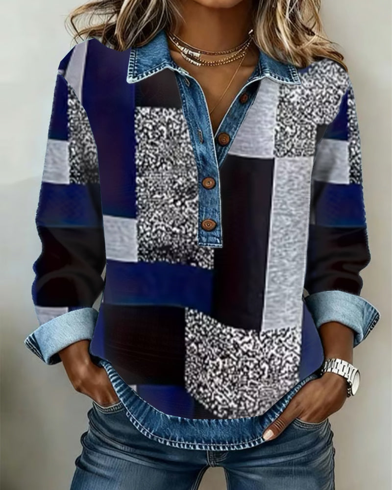 Genser Denim Lappeteppe Trykk Casual