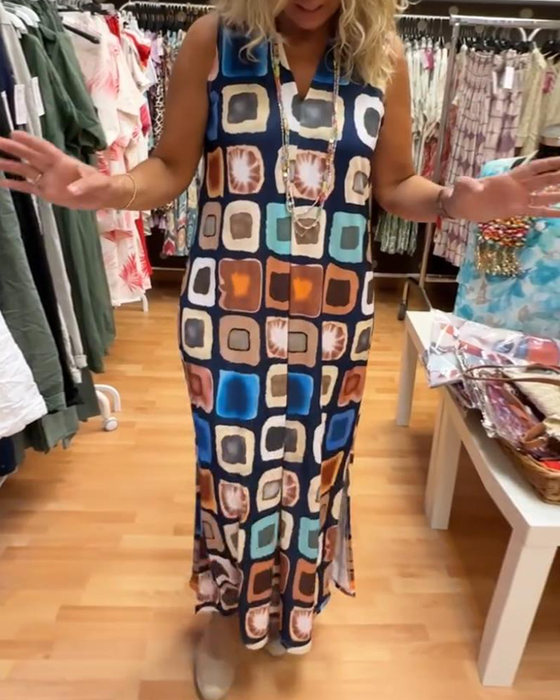 V-hals ermeløs trykt løs kjole