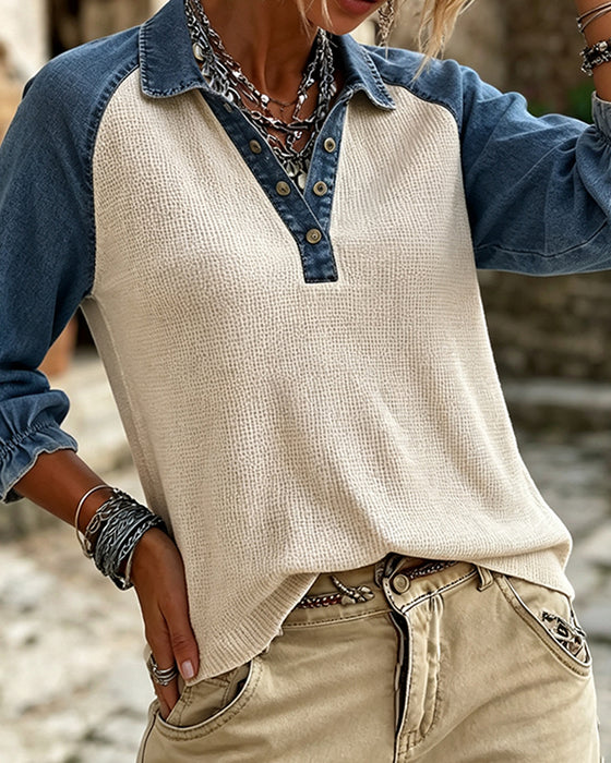 Bluse V-Hals Vaffel Tekstur Kontrast Denim