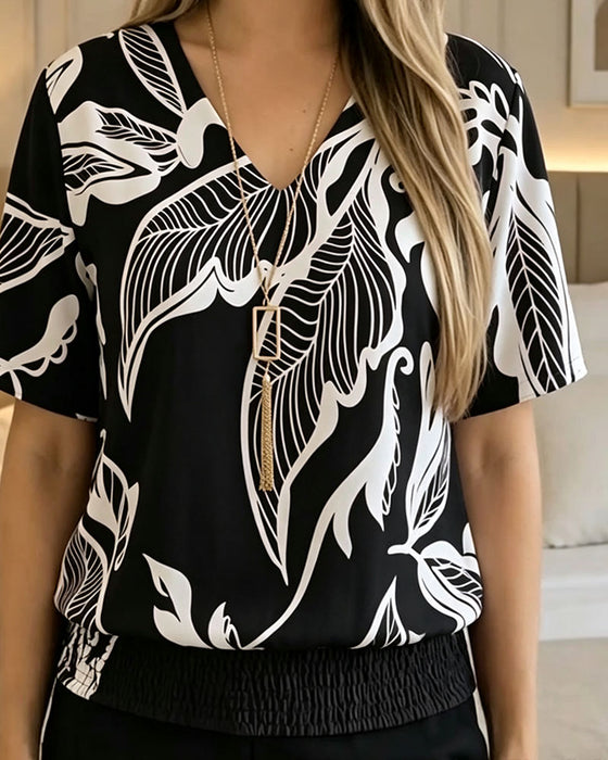 Bluse Blomstertrykk Strikk Kant Kortermet