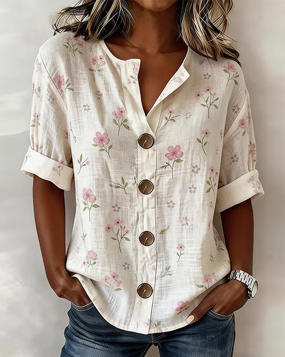 Bluse Lite Blomstret Trykk Knapp Avslappnet