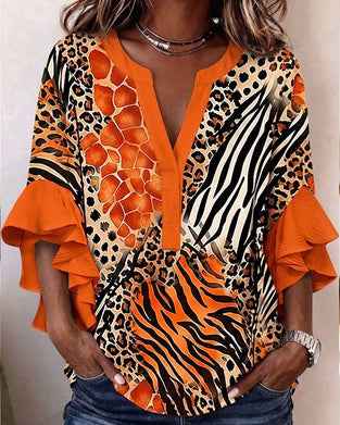 Bluse Sebra Leopard Trykk Ruffle Erme