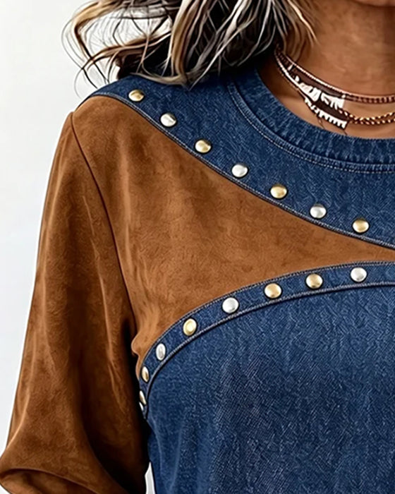 Topp Rund Hals Denim Spliced Fargeblokk