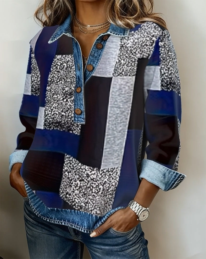 Genser Denim Lappeteppe Trykk Casual