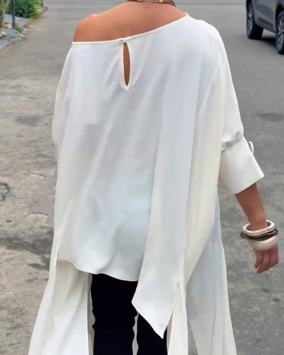 Bluse Asymmetrisk Hals Uregelmessig Splitt Albuelang Erme