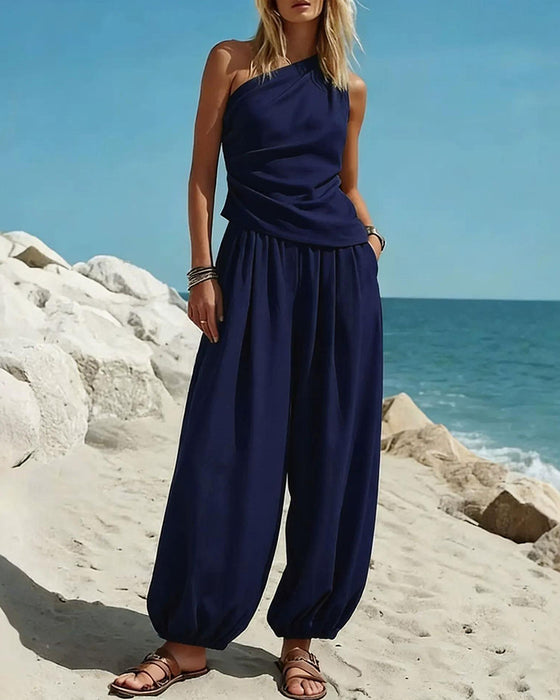 Set Enskulder Tank Top Høy Midje Bukser