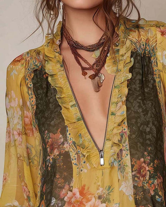 Halvglidelås Blomstertrykk Bluse