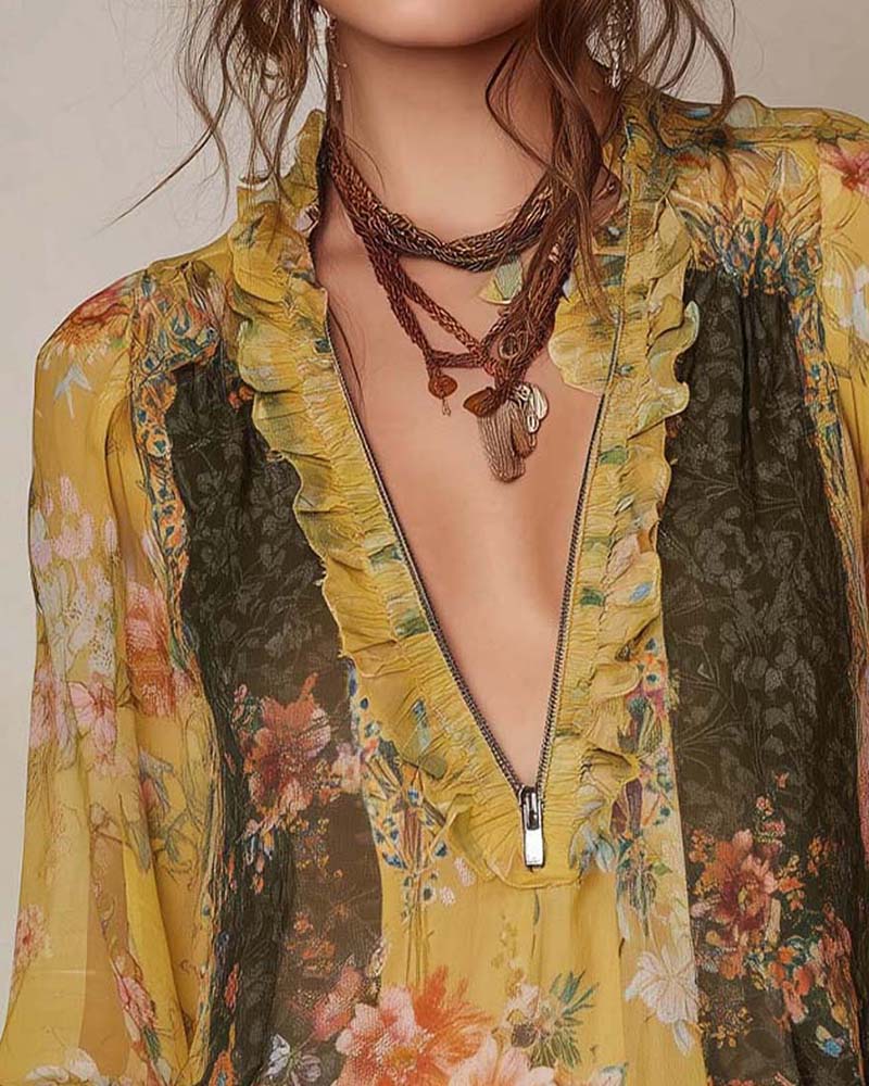 Halvglidelås Blomstertrykk Bluse