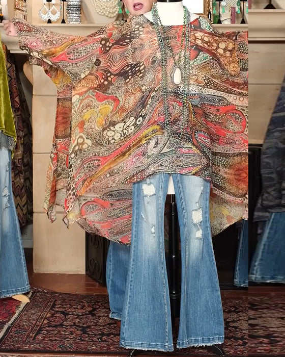 Bluse Løs Flaggermusermet Trykk