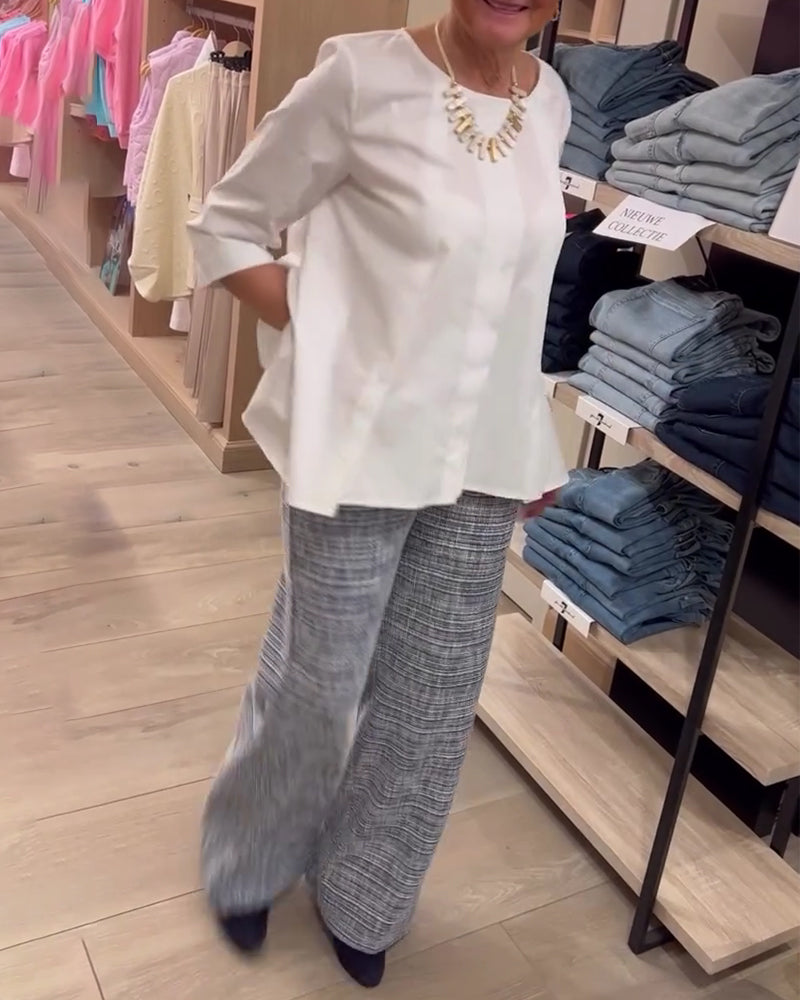 Topp Trekvarts Erm Rund Hals Plissert