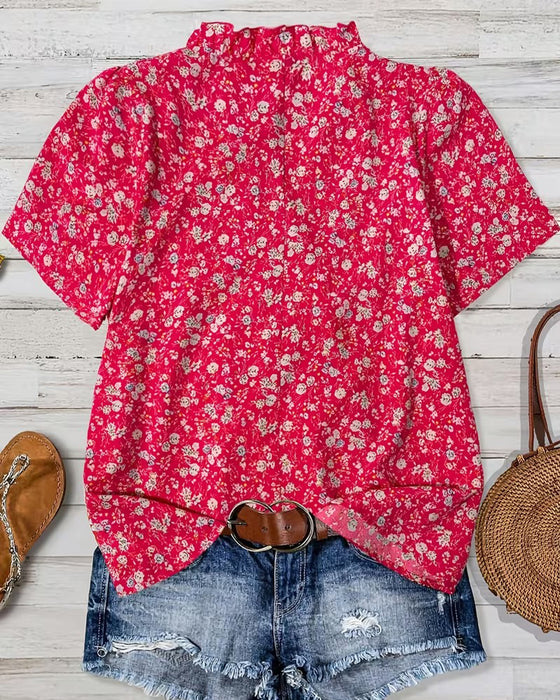 Bluse V-Hals Knapp Blomstermønster