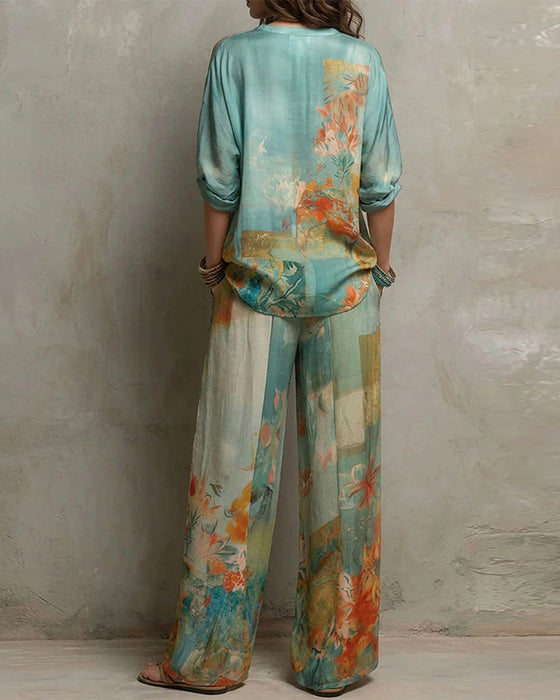 Sett V-Hals Blomstret Bluse + Rette Ben Bukser