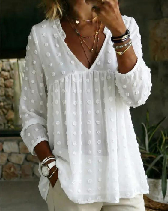 Bluse V-Hals Lang Erme Plissert