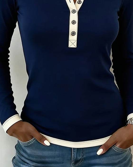 Topp Kontrast Knapp V-Hals Langermet