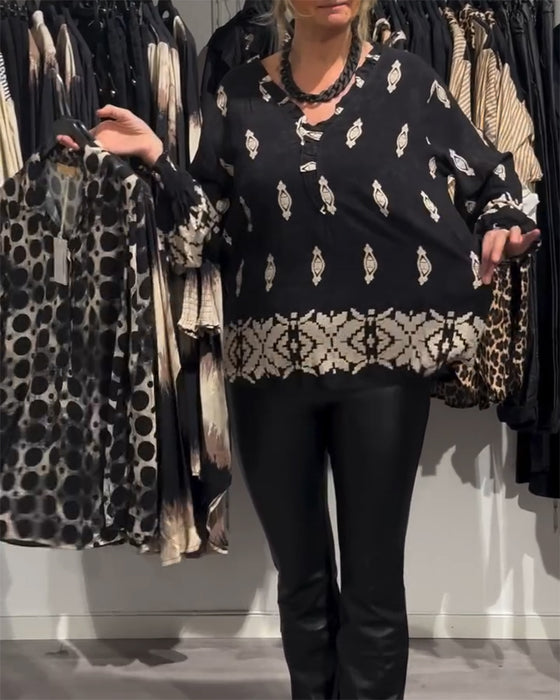 Skjorte v-hals lanterne erme trykt