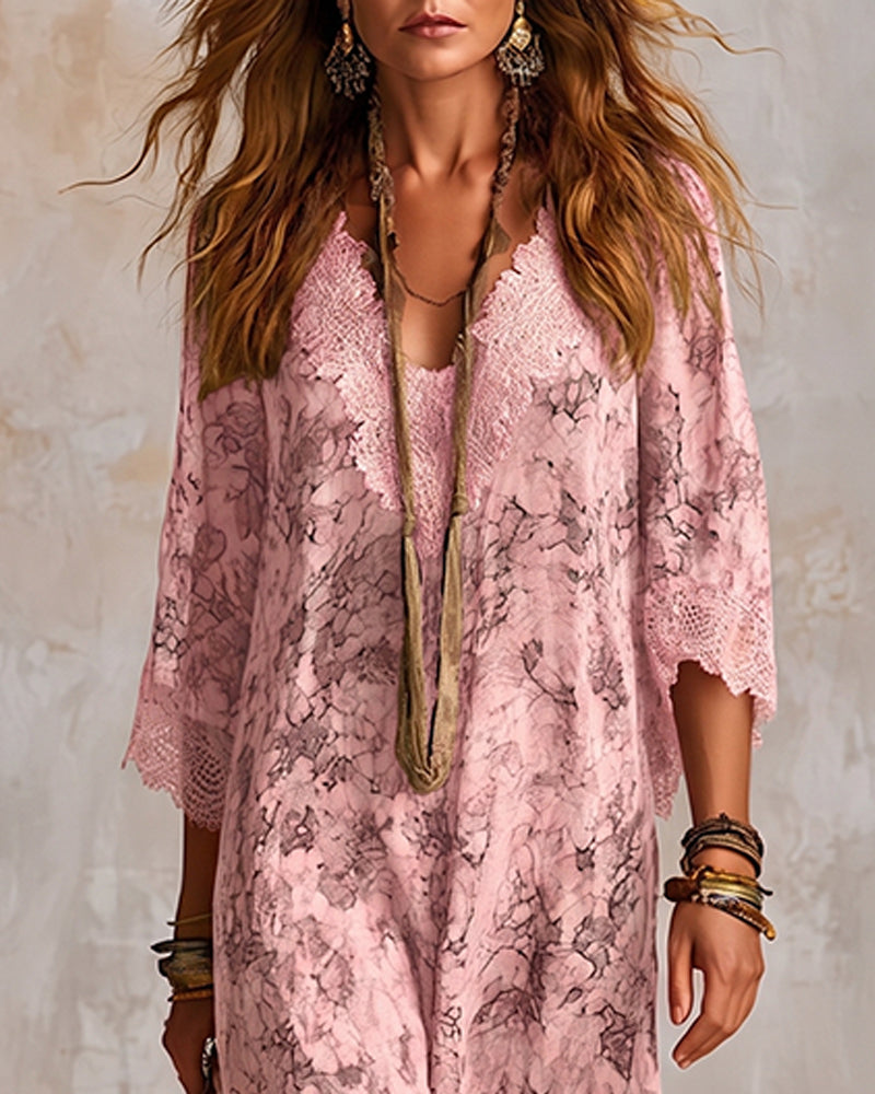 Kjole V-Hals Blonde Patchwork Asymmetrisk