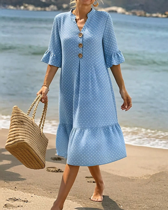 Kjole Polka Dot V-Hals Rynket Erme