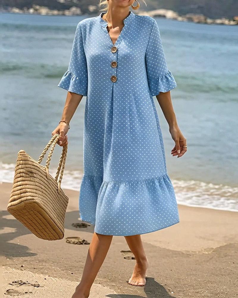 Kjole Polka Dot V-Hals Rynket Erme