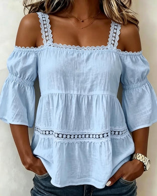 Blonde Bluse Med Lappverk Stropp Kalde Skulder