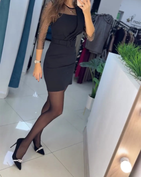Kjole Mesh Hette Rhinestone Slim Fit Hoftehugget