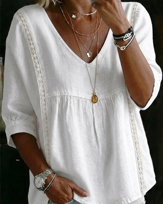Bluse Ruffle Kant V-Hals Albuelang Erme