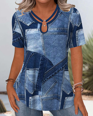 Bluse Vintage Denim Kontrast Utskjæring