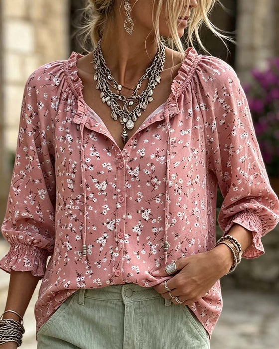 Bluse V-Hals Blomstret Stropper Ruffle Erme