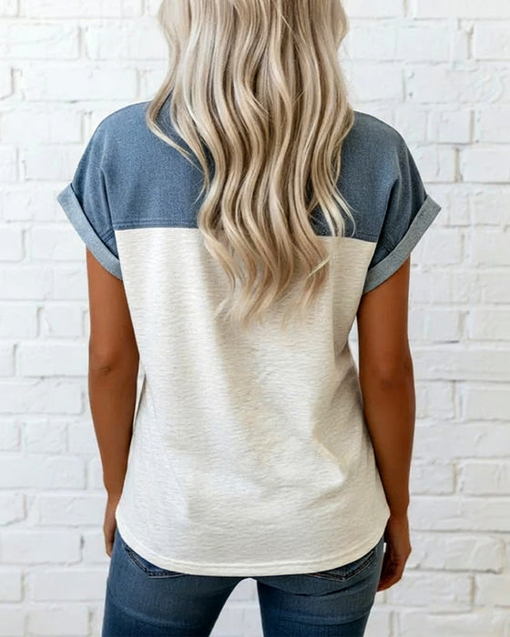 T-Skjorte Knappet Patchwork Nedbrettet Krage