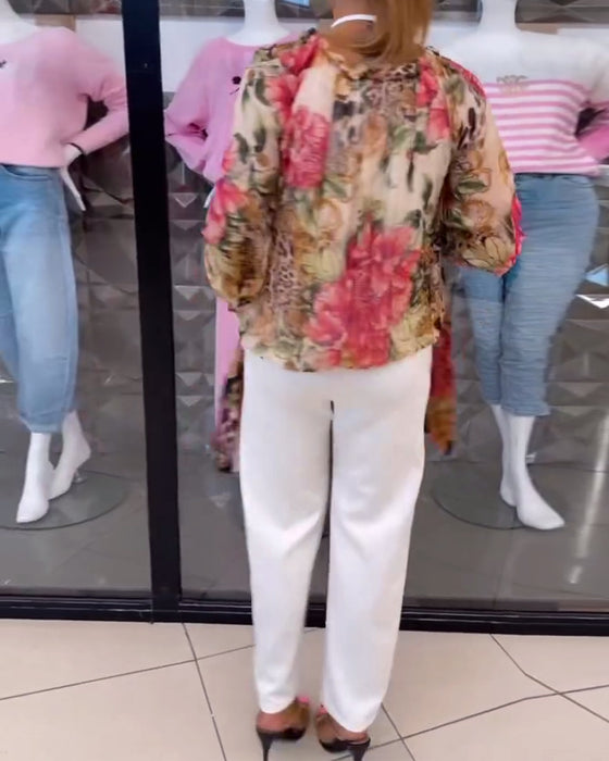 Bluse Med V-Hals Blomstertrykk